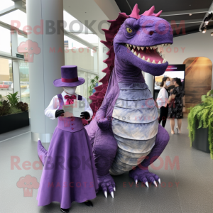 Purple Spinosaurus mascot costume character dressed with a Evening Gown and Pocket squares