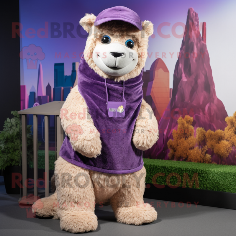 Purple Alpaca mascot costume character dressed with a Tank Top and Beanies Purple Alpaca mascot costume character dressed with a Tank Top and Beanies