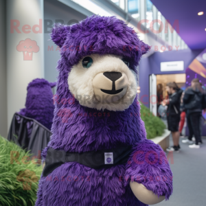 Purple Alpaca mascot costume character dressed with a Tank Top and Beanies