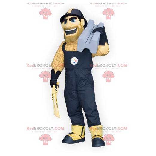 Handyman worker man mascot in overalls - Redbrokoly.com