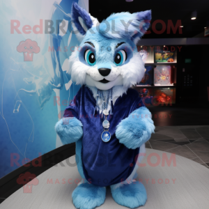 Blue Lynx mascot costume character dressed with a Cover-up and Brooches