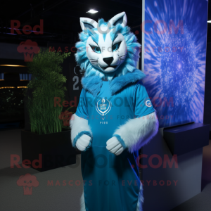 Blue Lynx mascot costume character dressed with a Cover-up and Brooches