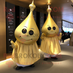 Gold Onion mascot costume character dressed with a Shift Dress and Messenger bags