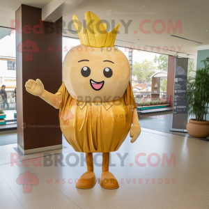 Gold Onion mascot costume character dressed with a Shift Dress and Messenger bags