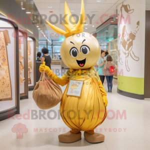 Gold Onion mascot costume character dressed with a Shift Dress and Messenger bags