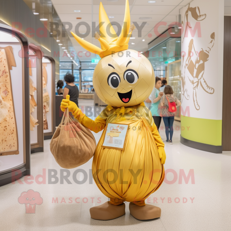 Gold Onion mascot costume character dressed with a Shift Dress and Messenger bags Gold Onion mascot costume character dressed with a Shift Dress and Messenger bags