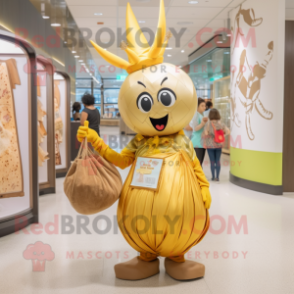 Gold Onion mascot costume character dressed with a Shift Dress and Messenger bags