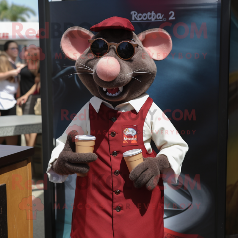 Maroon Ratatouille mascot costume character dressed with a Dress Shirt and Sunglasses Maroon Ratatouille mascot costume character dressed with a Dress Shirt and Sunglasses