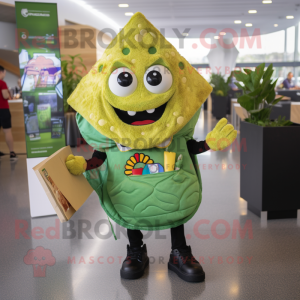 Green Nachos mascot costume character dressed with a Vest and Backpacks