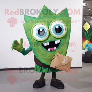 Green Nachos mascot costume character dressed with a Vest and Backpacks