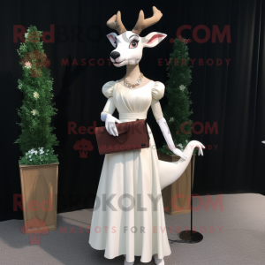 White Deer mascot costume character dressed with a Empire Waist Dress and Clutch bags