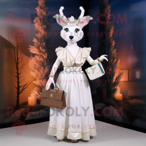 White Deer mascot costume character dressed with a Empire Waist Dress and Clutch bags