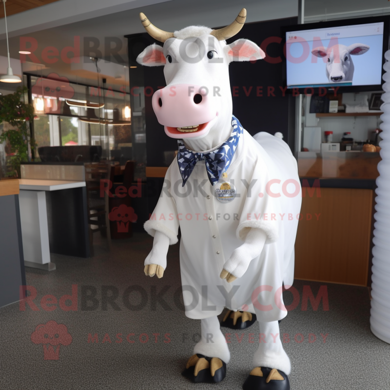 White Guernsey Cow mascot costume character dressed with a Mini Dress and Tie pins White Guernsey Cow mascot costume character dressed with a Mini Dress and Tie pins