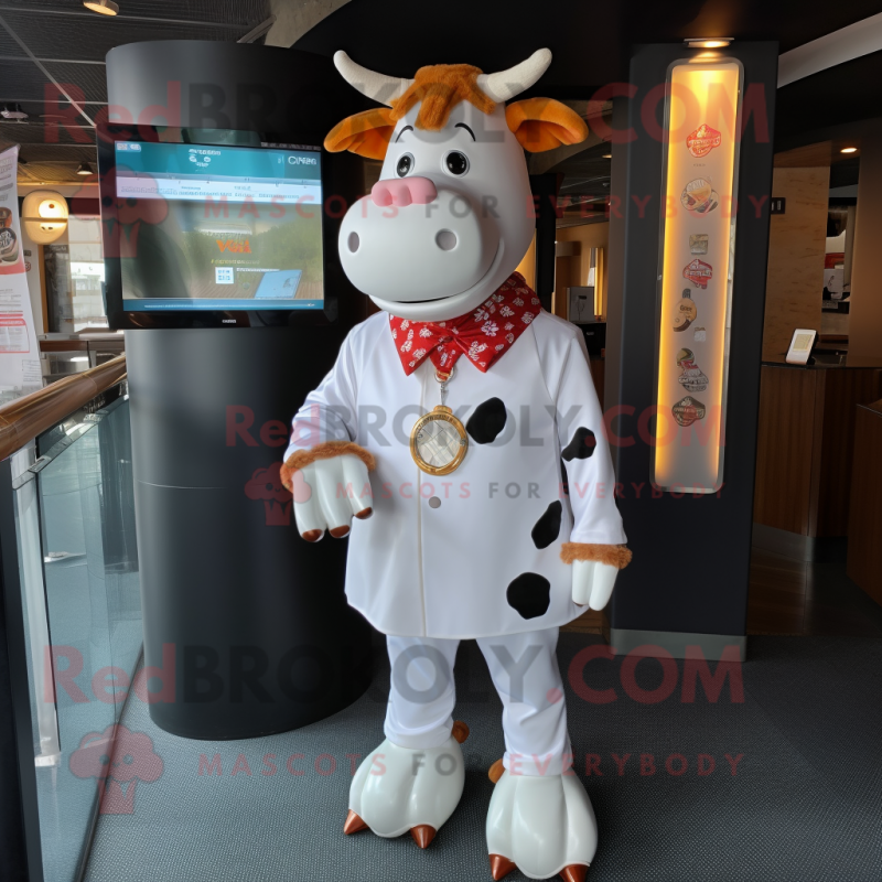 White Guernsey Cow mascot costume character dressed with a Mini Dress and Tie pins