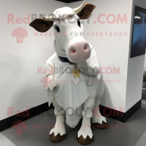 White Guernsey Cow mascot costume character dressed with a Mini Dress and Tie pins