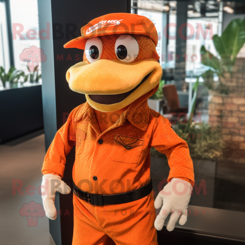 Orange Python mascot costume character dressed with a Button-Up Shirt and Berets Orange Python mascot costume character dressed with a Button-Up Shirt and Berets