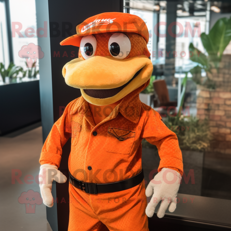 Orange Python mascot costume character dressed with a Button-Up Shirt and Berets