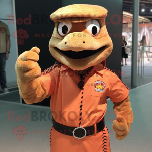 Orange Python mascot costume character dressed with a Button-Up Shirt and Berets