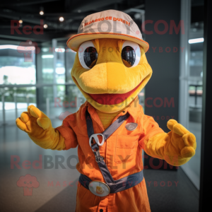 Orange Python mascot costume character dressed with a Button-Up Shirt and Berets