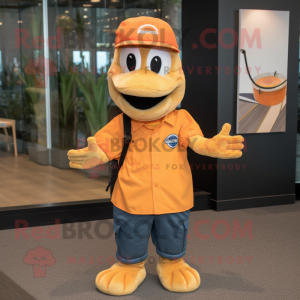 Orange Python mascot costume character dressed with a Button-Up Shirt and Berets