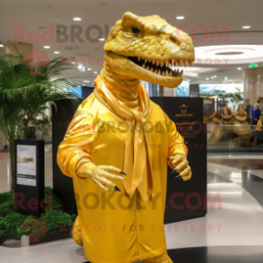 Gold Tyrannosaurus mascot costume character dressed with a Polo Tee and Shawls