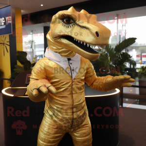 Gold Tyrannosaurus mascot costume character dressed with a Polo Tee and Shawls