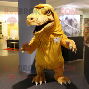 Gold Tyrannosaurus mascot costume character dressed with a Polo Tee and Shawls