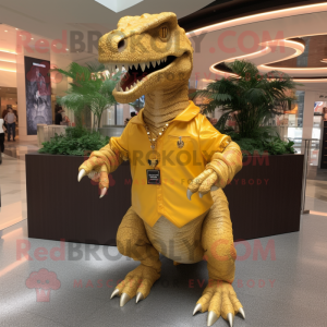 Gold Tyrannosaurus mascot costume character dressed with a Polo Tee and Shawls