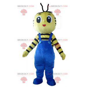 Gelbes und schwarzes Bienenmaskottchen mit blauen Overalls -