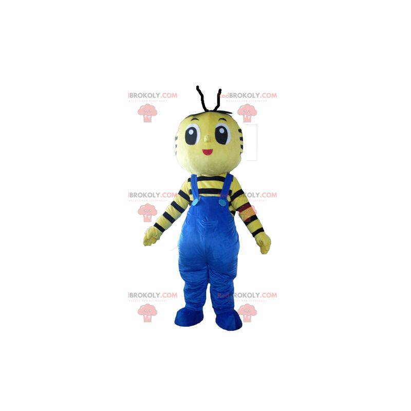 Gelbes und schwarzes Bienenmaskottchen mit blauen Overalls -