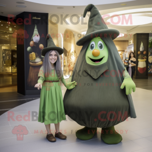 Olive Witch'S Hat mascot costume character dressed with a Mini Dress and Berets