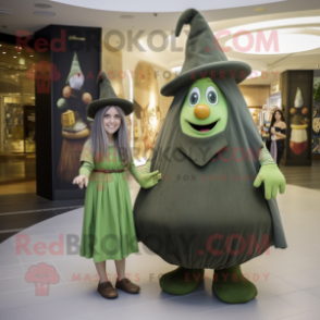 Olive Witch'S Hat mascot costume character dressed with a Mini Dress and Berets