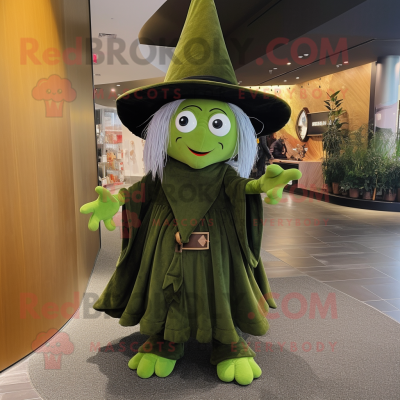Olive Witch'S Hat mascot costume character dressed with a Mini Dress and Berets Olive Witch'S Hat mascot costume character dressed with a Mini Dress and Berets