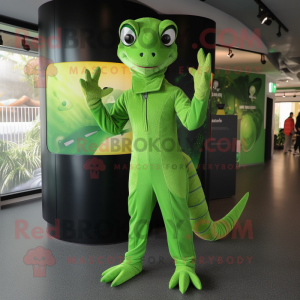 Green Lizard mascot costume character dressed with a Jumpsuit and Foot pads