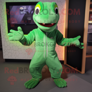 Green Lizard mascot costume character dressed with a Jumpsuit and Foot pads