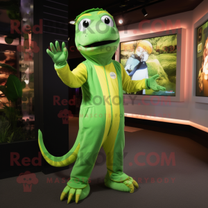 Green Lizard mascot costume character dressed with a Jumpsuit and Foot pads