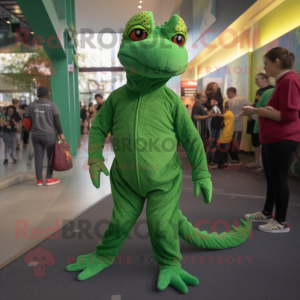 Green Lizard mascot costume character dressed with a Jumpsuit and Foot pads