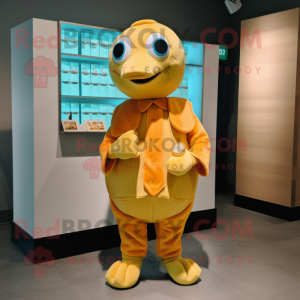Peach Canary mascot costume character dressed with a Turtleneck and Coin purses
