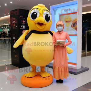 Peach Canary mascot costume character dressed with a Turtleneck and Coin purses