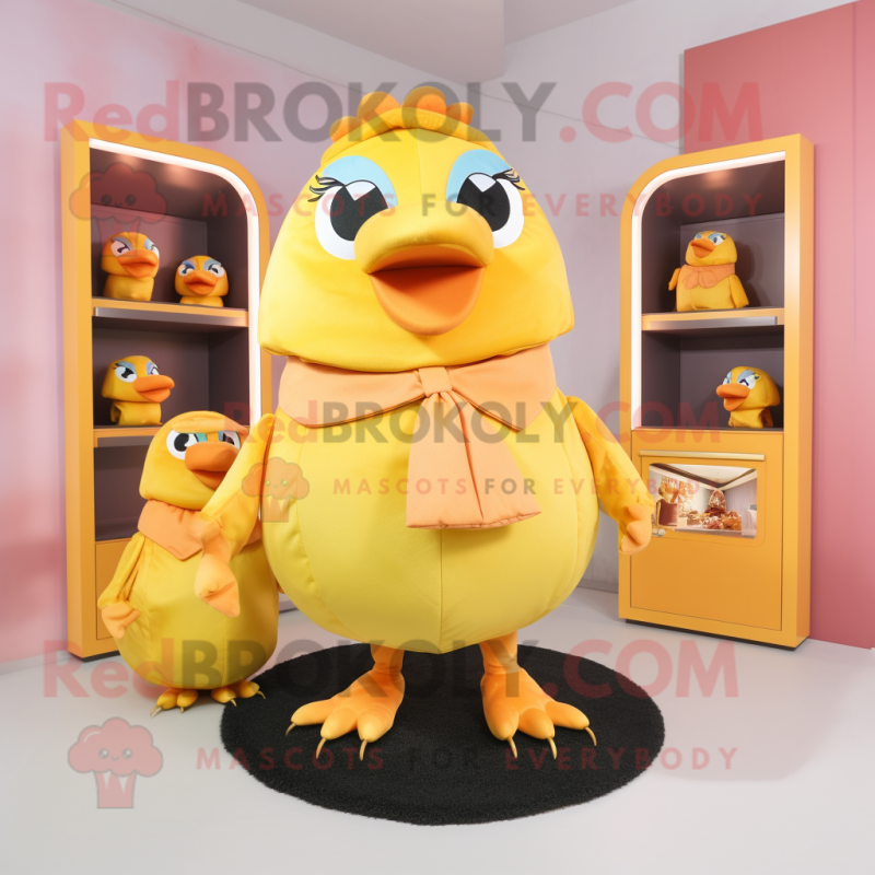 Peach Canary mascot costume character dressed with a Turtleneck and Coin purses