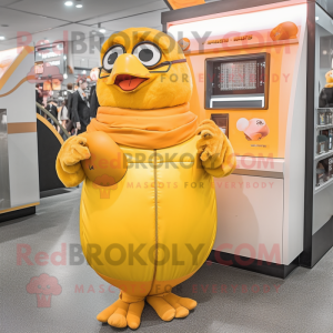 Peach Canary mascot costume character dressed with a Turtleneck and Coin purses