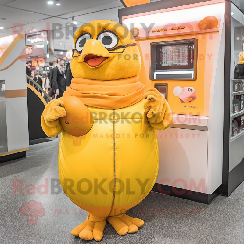 Peach Canary mascot costume character dressed with a Turtleneck and Coin purses Peach Canary mascot costume character dressed with a Turtleneck and Coin purses