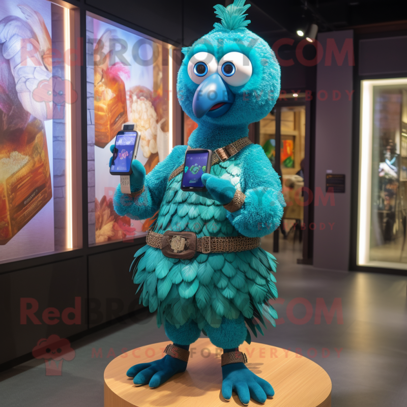 Cyan Peacock mascot costume character dressed with a Shorts and Smartwatches Cyan Peacock mascot costume character dressed with a Shorts and Smartwatches