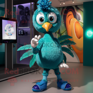 Cyan Peacock mascot costume character dressed with a Shorts and Smartwatches