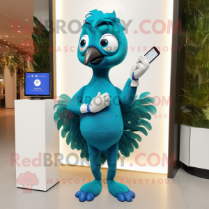 Cyan Peacock mascot costume character dressed with a Shorts and Smartwatches