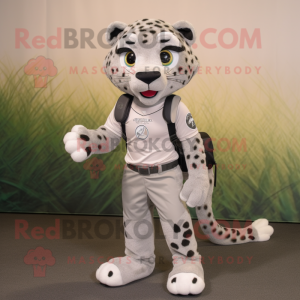 Silver Cheetah mascot costume character dressed with a Cargo Shorts and Foot pads