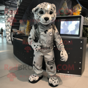 Silver Cheetah mascot costume character dressed with a Cargo Shorts and Foot pads