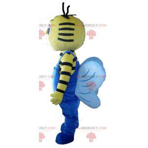 Mascotte d'abeille jaune et noir avec une salopette bleue -