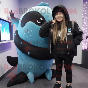 Black Narwhal mascot costume character dressed with a Parka and Hair clips