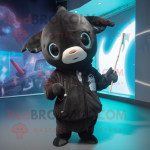 Black Narwhal mascot costume character dressed with a Parka and Hair clips